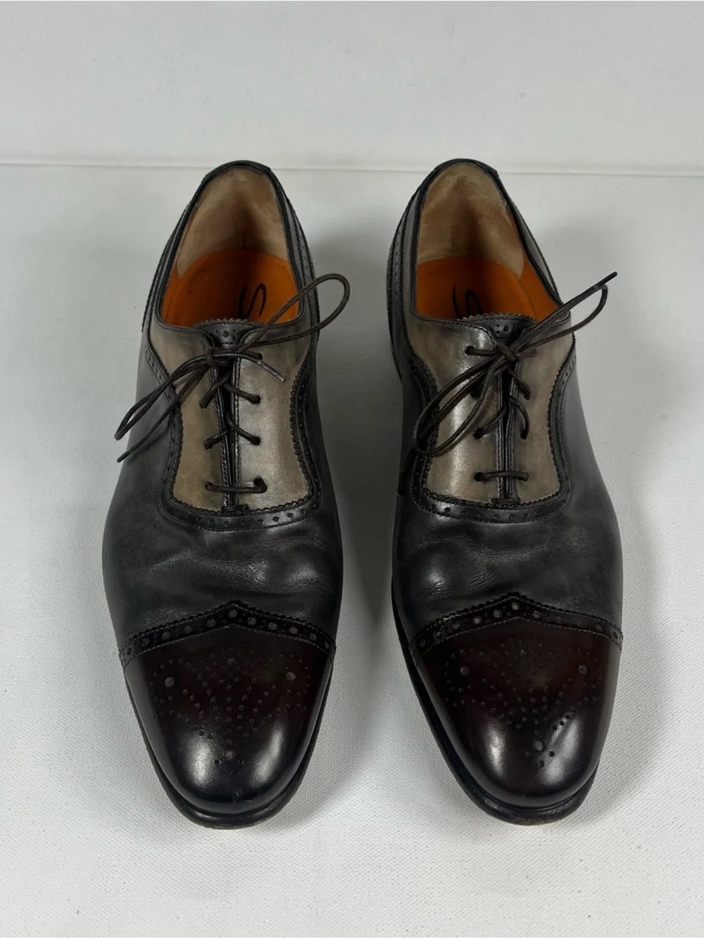 Santoni Leather Cap Toe Oxford Dress Shoes Multi Tone Made in Italy Size 9.5